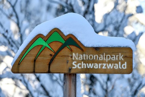 Snowy sign Black Forest National Park, near Kniebis, county Freudenstadt, Black Forest,