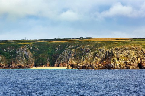 Cliffs and Pedn Vounder beach, coastline at Treen, St Levan, Penwith, Cornwall, England, United