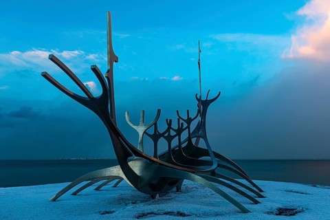 Viking Ship Sculpture at Sunset, Sun Voyager, Reykjavik, Reykjanes Peninsula, Sudurnes, Iceland,