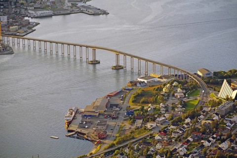 View from Storsteinen over Ice Sea Cathedral, bridge and parts of Tromsö, Troms og Finnmark,