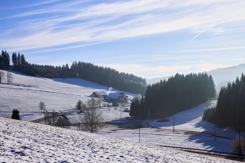 Winter landscape with hills and haze, snow, road, farmstead, Titisee-Neustadt, Black Forest,