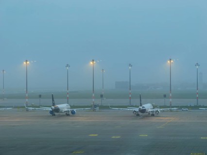 Berlin BER airport, tarmac in the morning in the haze, November fog, Berlin, Germany, Europe