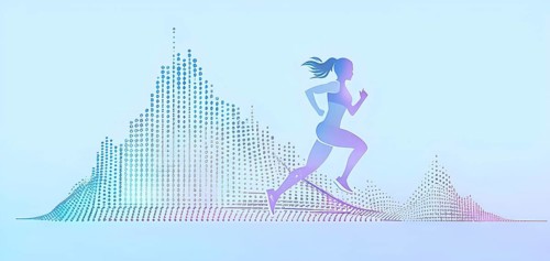 Illustration of a wave of data points shaping into a female runner silhouette, purple pastel hues,
