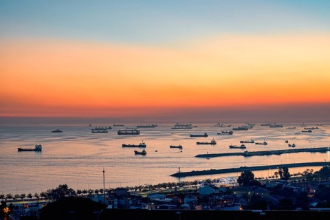 Boats anchored in the Marmara Sea at sunset, Istanbul, Turkey, Asia