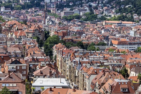 City view of Stuttgart. View of the roofs and facades of Stuttgart-Süd with Liststraße. Stuttgart,