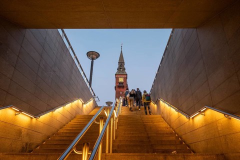 Illuminated staircase, metro station, City Hall in the National Romantic style by Martin Nyrop,