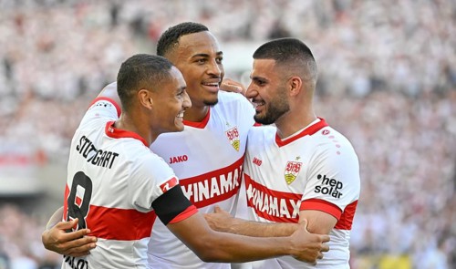 Goal celebration Enzo Millot VfB Stuttgart (08) Jamie Leweling VfB Stuttgart (18) Deniz Undav VfB