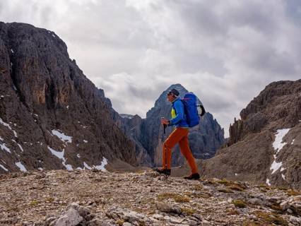 Mountaineers in the Molignon Pass on the Dolomite High Route number 8, Catinaccio, Dolomites, South