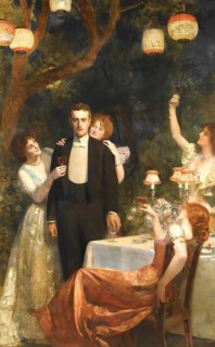 A man in a suit is surrounded by woman celebrating at a dinner with lanterns. The garden of Armida,
