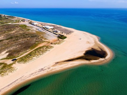 Aerial view, beach at Nea Kallikratia, Nea Propondida, Chalkidiki, Central Macedonia, Giechenland