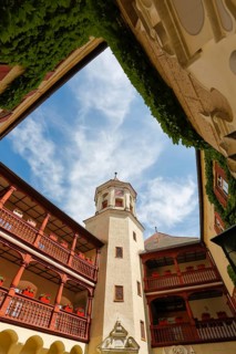 Brenz Castle, Renaissance castle from the 17th century, tower, clock, inner courtyard, wooden