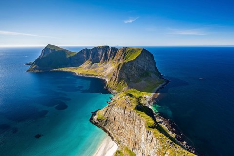 View from Håheia or Håen mountain to mountains and coast, Måstad peninsula, Værøy island, Vaeroy,