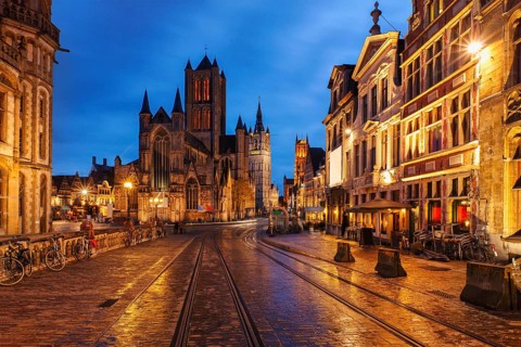 Sint-Niklaaskerk and Belfry of Ghent. Sint-Michielshelling street. Ghent, Belgium, Europe
