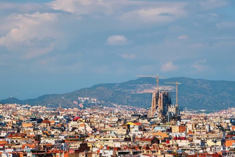Barcelona, Spain, April 16, 2019: Aerial view of Barcelona city with famous Sagrada Familia