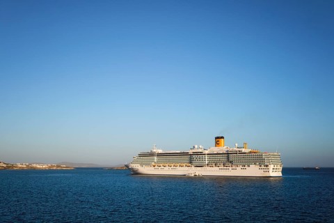 MYKONOS, GREECE, MAY 29, 2019: Cruise liner ship Costa Luminosa in Mediterranea sea near Mykonos