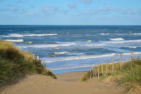 Beach access, sand dune, sea, dune grass, wind, clouds, Zandvoort, North Sea, North Holland,