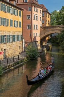 Gondolier, boat, Ludwig-Danube-Main Canal, houses, Bamberg, Upper Franconia, Bavaria, Germany,