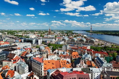 Aerial view of Riga center from St. Peter's Church, Riga, Latvia, Europe