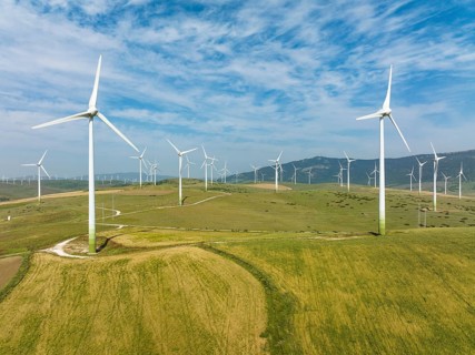 Windmills on a wind farm near Zahara de los Atunes, aerial view, drone shot, Cádiz province,