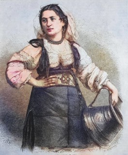 Woman, merchant with a jug, Giocciara on the Spanish Steps, Rome, Italy, c. 1885, Historic,