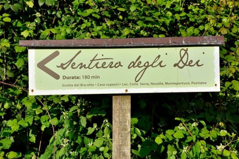 Sign for Sentiero degli dei, Path of the Gods, trail in Agerola, Amalfi Coast, Campania, Italy,