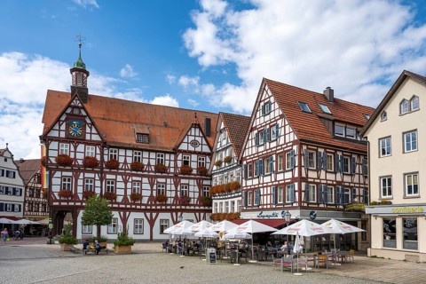 Half-timbered houses and inn on the market square of Bad Urach, Reutlingen district,