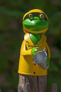 Tin toy, decoration, frog with glasses on a garden fence, Mecklenburg, Western Pomerania, Germany,