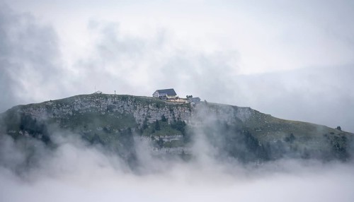 Schäfler, mountain hut in high fog, Appenzell Ausserrhoden, Appenzell Alps, Switzerland, Europe