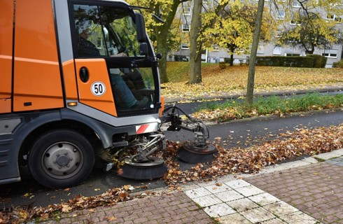 Sweeper sweeping wilted leaves in autumn, Vellmar, Hesse, Germany, Europe