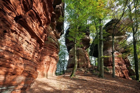 Old castle rock, red sandstone rock formation, natural and cultural monument, Brechenberg near