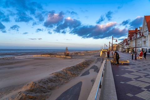Evening on the beach promenade of De Haan, Belgium, Europe