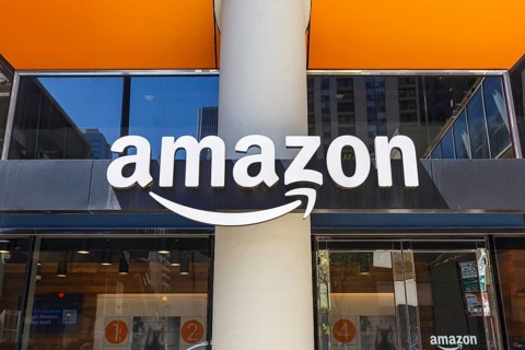 Amazon logo at a pick-up store pick-up point for goods ordered online in Chicago, USA, North