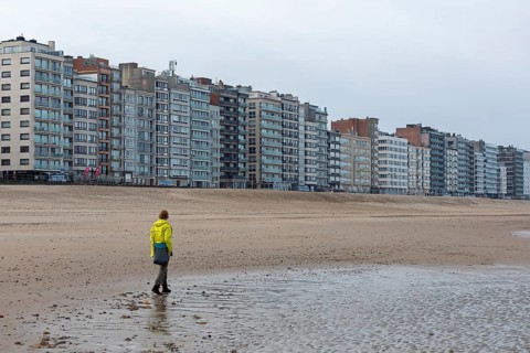 High-rise buildings, woman, beach, Westende, Middelkerke, Belgium, Europe
