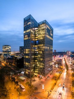 Aerial view Dancing Towers at blue hour with Reeperbahn, St. Pauli, Hamburg, Germany, Europe