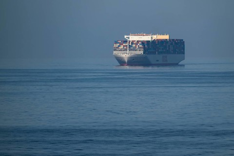 Container ship OOCL Denmark, 61m height, 399m length, Hong Kong flag, Baltic Sea