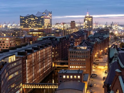 Aerial view of historic brick architecture of Hamburg's Speicherstadt warehouse district on Sankt
