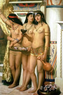Three Egyptian nude woman wearing jewellery and necklaces, holding vessels and flowers, in front of