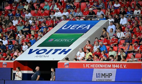 Logo UEFA RESPECT Europa-League, Conference League, above players' tunnel, Voith-Arena, Heidenheim,