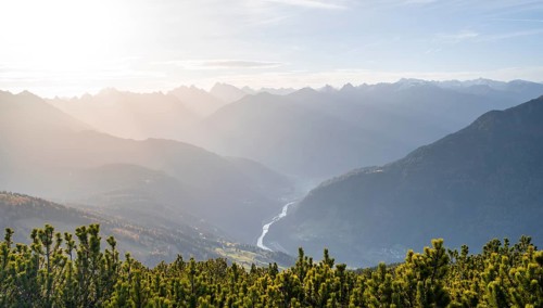 View of mountain panorama into the Upper Inn Valley in the morning light, Krahberg on the Venet,