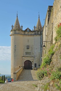 Historic twin towers with ramparts at the entrance to the castle, town fortifications, Grignan,