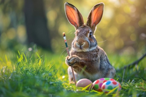 A humanised young hare holds a paintbrush in its paw and paints Easter eggs in a meadow, AI