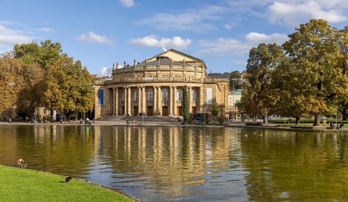 Opera house with corner lake. Stuttgart, Baden-Württemberg, Germany, Europe