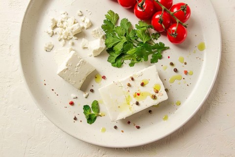 Feta-Käse, für Salate, mit Kirsche, grüne Butter, Grünzeug, auf weißem Teller, Vorspeise,