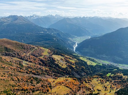 View of the mountain panorama and the Upper Inn Valley in the morning light, Krahberg on the Venet