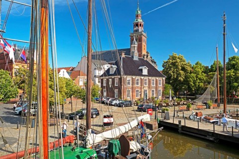 Traditional ships, Alte Waage, town hall, old town, museum harbour, Leer, East Frisia, Germany,