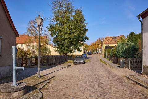 Cobbled street, lantern, historic public hand pump, residential buildings and trees, cloudless blue