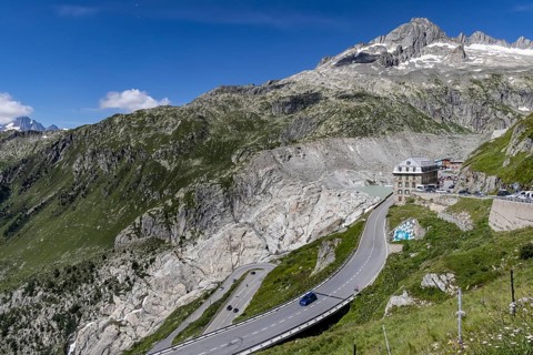Hotel Belvédère on the Furka Pass, the most famous pass hotel in the world. The building is closed