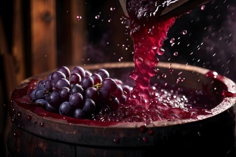 Grape cluster mid crush in a traditional wine press with dynamic flow of juice, AI generated