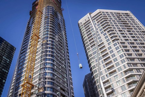FOUR, four new tower blocks are being built here, Frankfurt 4 Tower construction site. A crane