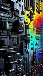 Abstract 3d pixel art technology themed pattern featuring random mosaic in vibrant hues, AI